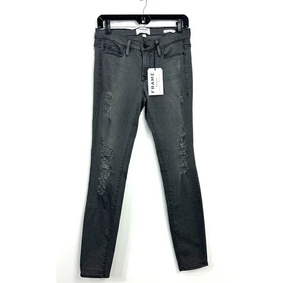 Frame Denim Le Skinny de Jeanne Women 28 Jean Gray Shred Distressed USA Stretch - Picture 2 of 13